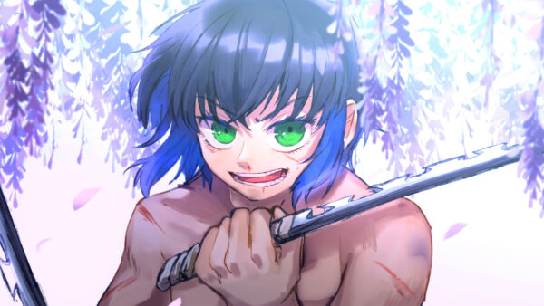 Wallpaper Green, Demon, Background, Eyes, Weapon, With, Desktop, Slayer, Inosuke, Purple, Hashibira, Flowers, Having, Anime