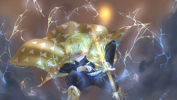 Wallpaper Having, Zenitsu, Demon, Sword, With, Slayer, Background, Desktop, Anime, And, Yellow, Agatsuma, Lightning, Light