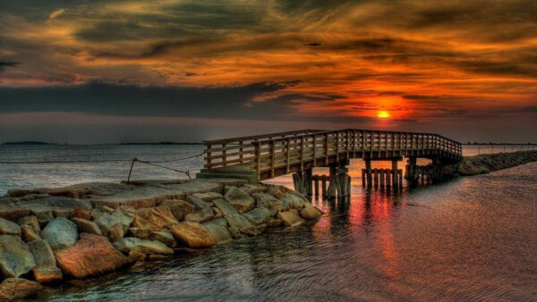 Wallpaper Cloudy, Bridge, And, Sunset, Desktop, Sky, Between, River, Under, Stones