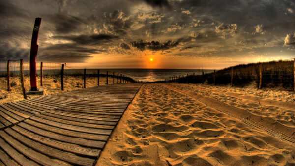 Wallpaper Sky, Beautiful, With, Wooden, Cloudy, Sand, Path, And, Body, Fence, Leading, Desktop, Black, Under, Water