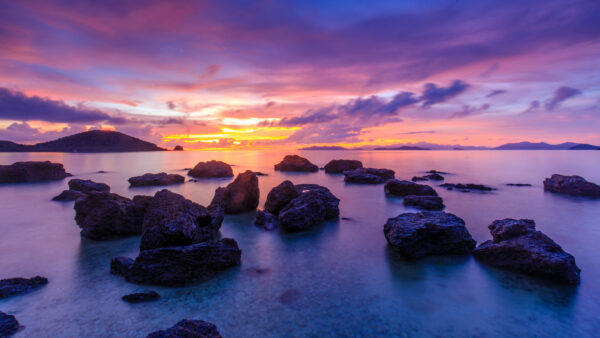 Wallpaper Stones, White, Sky, Clouds, Blue, Under, Desktop, Landscape, Mobile, View, During, Water, Rock, Sunset, Nature, Mountain