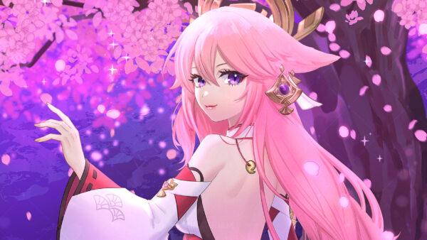 Wallpaper Pink, Eyes, Yae, Hair, Genshin, Purple, Impact, Miko