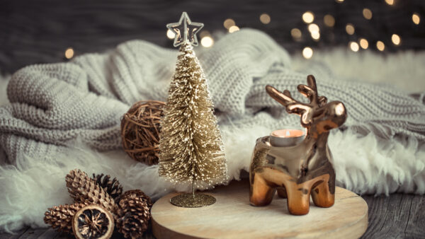 Wallpaper Tree, Golden, Reindeer, Woolen, Muffler, Desktop, Glitter, Knitted, Christmas, Mobile