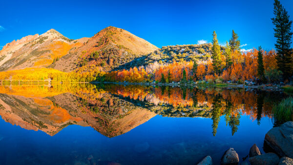 Wallpaper Slope, Reflection, Trees, Autumn, Blue, River, Under, Colorful, Scenery, Sky, Mountain, Beautiful
