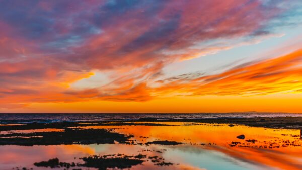 Wallpaper Nature, Yellow, Under, Body, During, Sunset, Sky, Black, Cloudy, Water