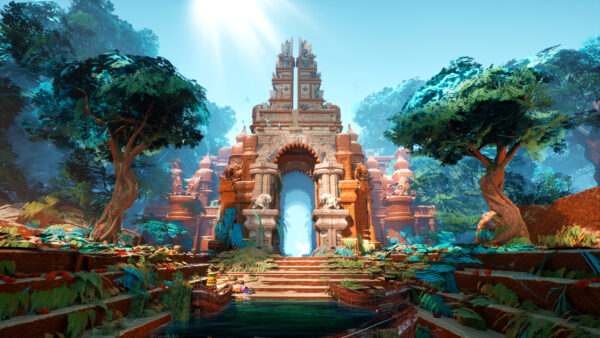 Wallpaper Background, Blue, Sky, Temple, Arch, Trees, Fantasy