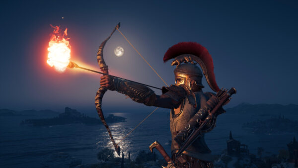 Wallpaper Blue, Sea, Warrior, With, Background, Bow, Moon, Fire, Arrow, Target, Desktop, Sky, And