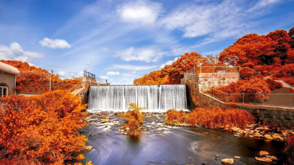 Wallpaper Nature, Trees, Cloudy, Waterfall, Autumn, Blue, Sky, Dam, Under, Falls, Between, Desktop