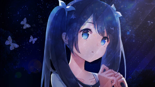 Wallpaper Black, Blue, Long, Anime, Girl, Eyes, Hair