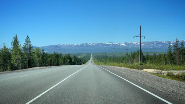 Wallpaper Capped, Mountains, Mobile, View, Trees, Blue, Snow, Road, Asphalt, Under, Green, Sky, Landscape, Between, And, Nature, Desktop