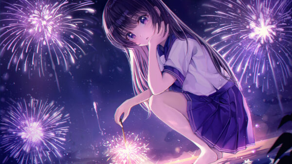 Wallpaper Anime, Girl, Night, School, Fireworks, Uniform