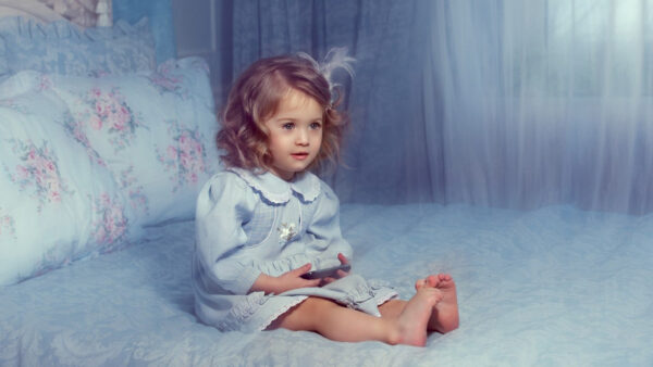 Wallpaper Little, Sitting, Bed, Girl, Wearing, Blue, Dress, Cute