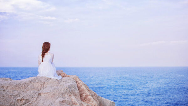 Wallpaper Girl, Wearing, White, Seeing, Dress, Alone, Ocean, Sitting, Rock