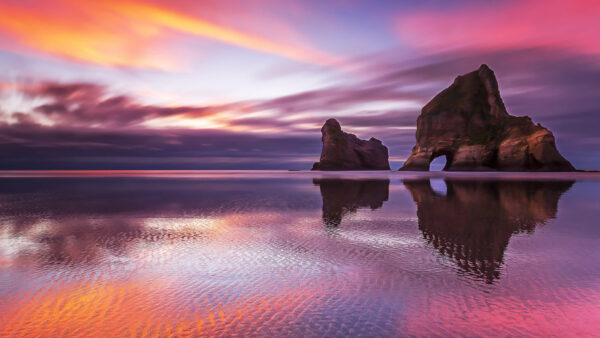 Wallpaper Under, Rocks, Sky, Water, Horizon, Ocean, Body, Nature, Calm, Clouds, Yellow, Reflection, Black, Blue