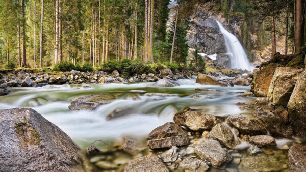 Wallpaper Nature, Trees, Landscape, View, Mountains, Rock, Waterfalls, Pouring, Forest, River