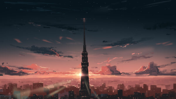 Wallpaper Buildings, Blue, Sky, Sunset, Anime, Clouds, White, Skyscraper