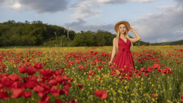 Wallpaper Field, Standing, Hat, Girls, And, Wearing, Dress, Model, Red, Yellow, Background, Flowers, Sky, Girl