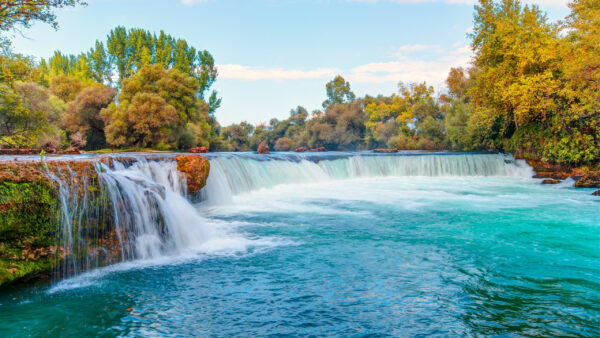 Wallpaper Pouring, River, Forest, Nature, Desktop, Waterfall, Green, Trees, Surrounded