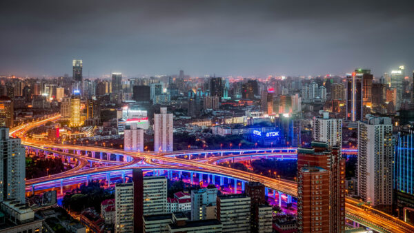 Wallpaper Huangpu, Panorama, Travel, City, Road, Building, Night, China, Desktop, Shanghai