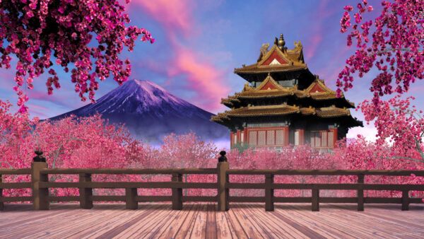 Wallpaper Pagoda, Sky, Anime, Pink, Mountain, Blossom, Background, Flowers, Blue