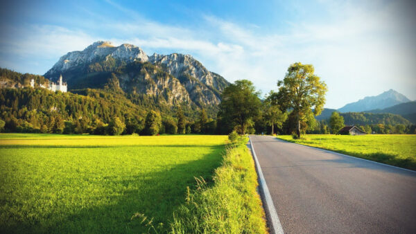 Wallpaper Clouds, Background, Mountain, Road, Between, Grass, Nature, Sky, Farm, Under, White, Green, Blue