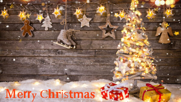 Wallpaper Tree, Gift, Decoration, And, Board, Wooden, Lights, Background, Desktop, With, Christmas, Boxes, Snow