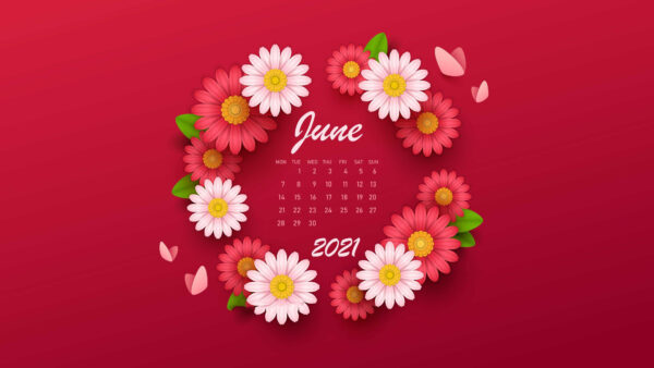 Wallpaper 2021, Desktop, Background, Pink, Calender, Dark, June, Colorful, Flowers