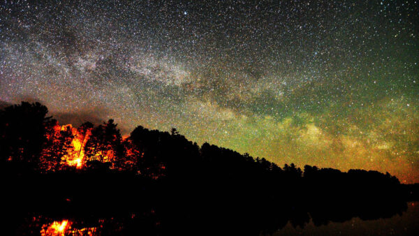 Wallpaper Trees, Stars, Sky, Above, Fire, The, Desktop, With, Space, And, Side, Lot