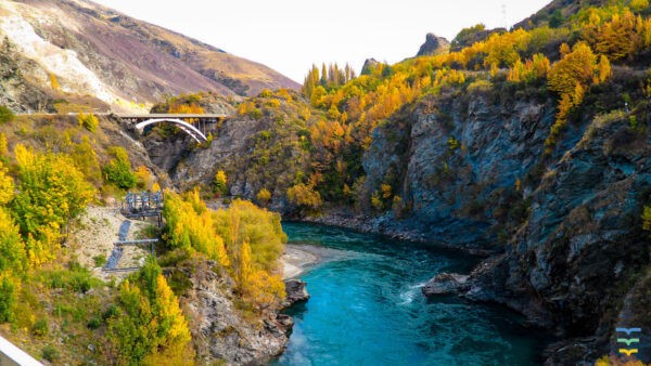 Wallpaper View, Autumn, Under, Fall, Bridge, Landscape, Between, Mountains, Above, River, White, Trees, Yellow, Green, Sky