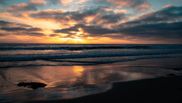 Wallpaper Beautiful, Black, Beach, View, Sea, Clouds, Under, During, Blue, Waves, Mobile, Desktop, Sunset, Sand, Sky, Nature, Ocean