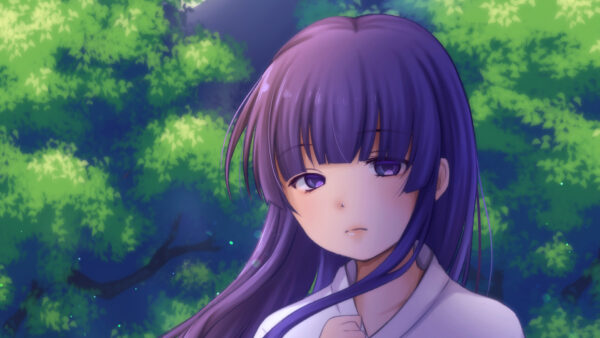 Wallpaper Background, Black, Eyes, Green, Hair, Purple, Trees, Girl, Anime