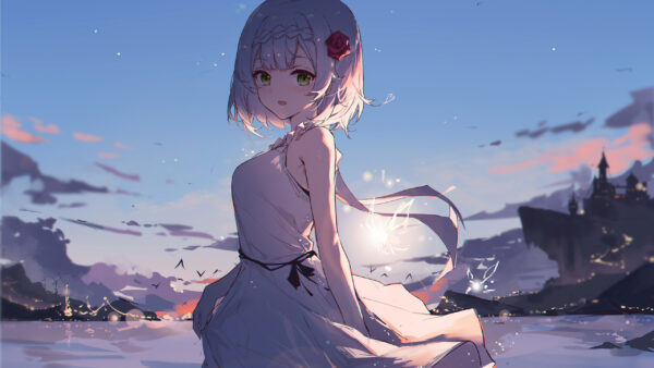 Wallpaper Dress, Blue, Hair, White, Anime, Standing, Sky, Background, With, Short, Girl