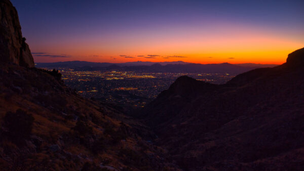 Wallpaper City, Background, Dark, View, Mountains, Lights, Silhouette, Landscape